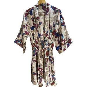 Kathryn Womens Paisley Satin Robe Multicolor Silk Feel Wrap Belted Sleepwear M